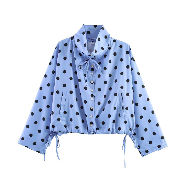 Women Polka Dot Cropped Blouse Jacket with High Tunnel Neck Collar and Drawstring Waist Mune Fashion