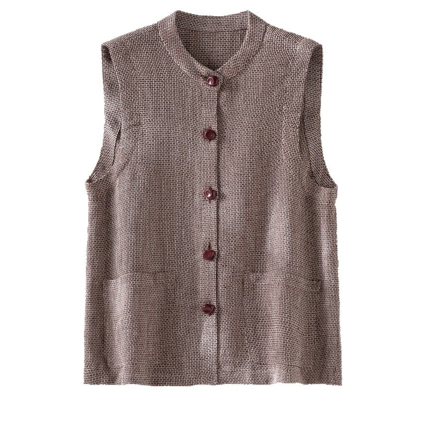 Women Sleeveless Textured Knit Vest with Round Neckline, Button Placket and Patch Pockets Mune Fashion