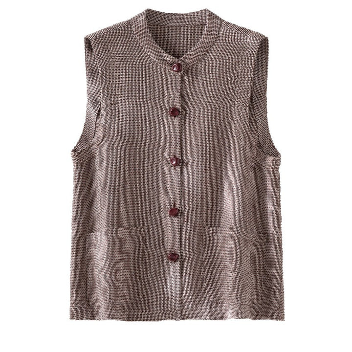 Women Sleeveless Textured Knit Vest with Round Neckline, Button Placket and Patch Pockets Mune Fashion