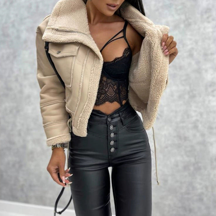 Women Cropped Biker Jacket Withshearling Mune