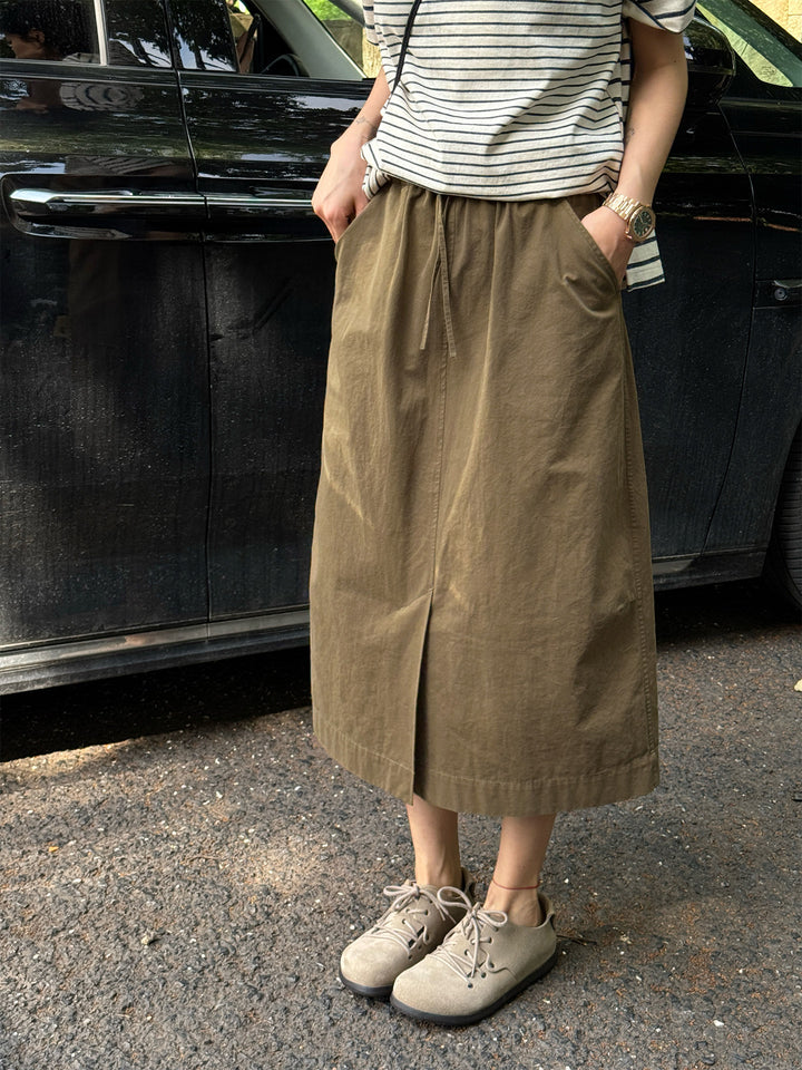 Women's Stylish Midi Skirt with Elastic Waistband and Pockets Mune Fashion