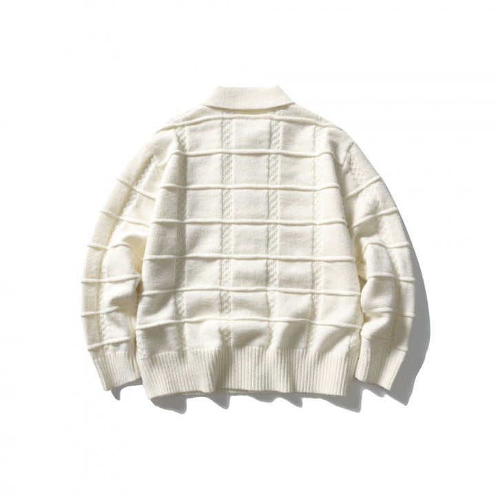 Unisex Boxy Cardigan with Shirt Collar and Structured Check Pattern Mune Fashion