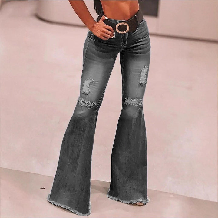 Women's High-Waisted Flared Jeans with Knee Rips, Frayed Hem and Flared Leg Mune Fashion