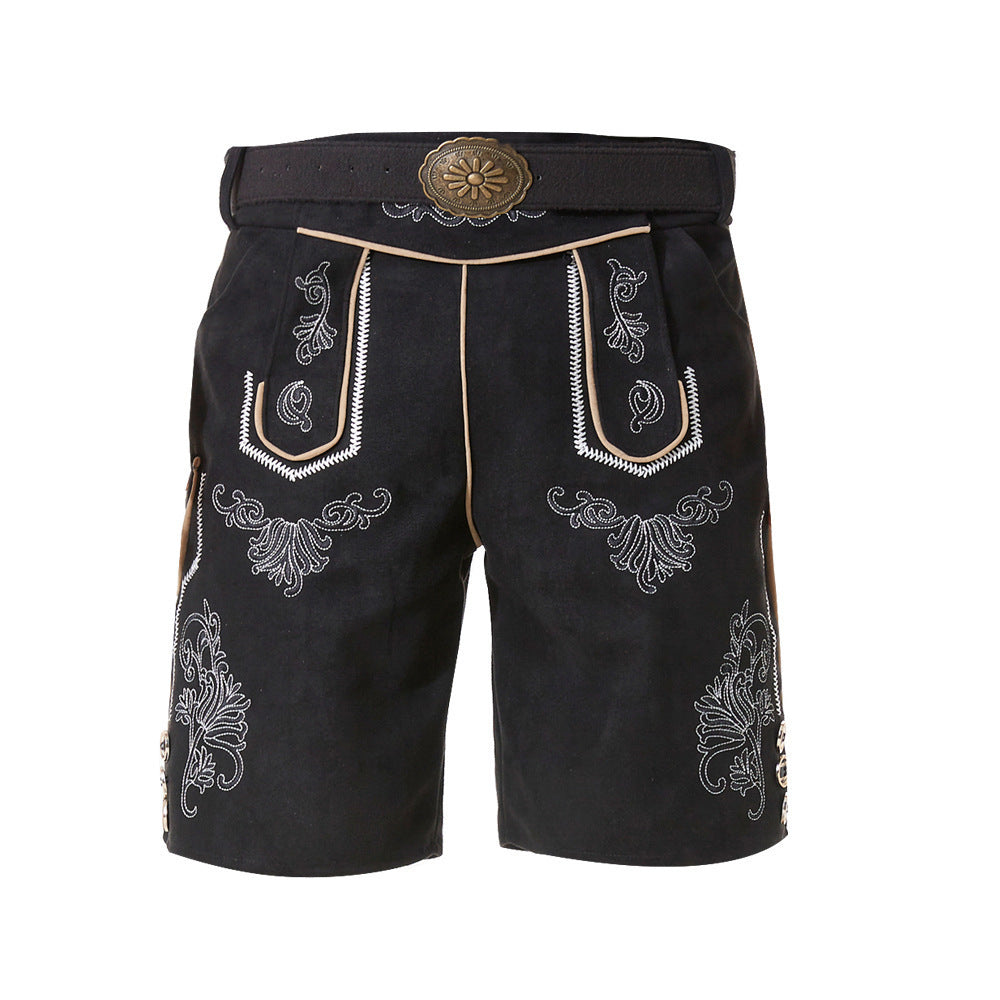 Men's short traditional leather trousers with intricate embroidery and decorative buckle Mune Fashion