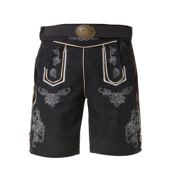Men's short traditional leather trousers with intricate embroidery and decorative buckle Mune Fashion