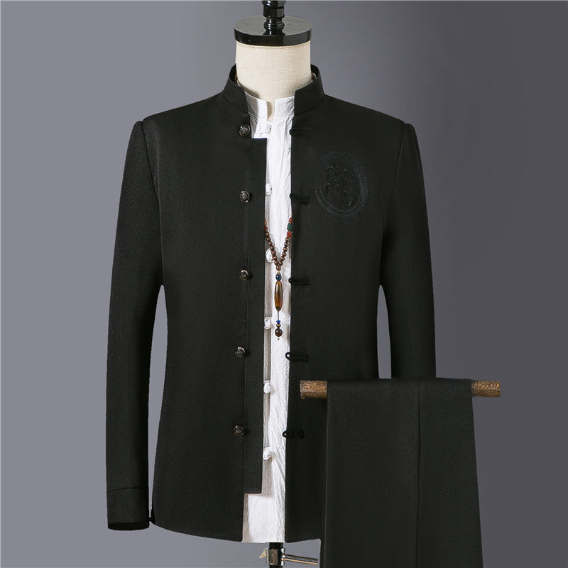 Men's Asian-inspired Mandarin jacket with stand-up collar, knot button placket, and tonal embroidered emblem Mune Fashion