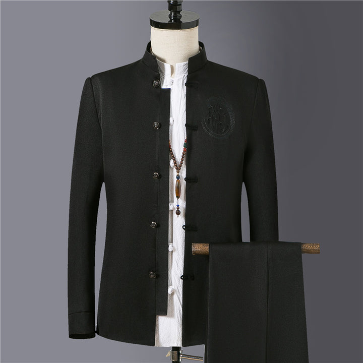 Men's Asian-inspired Mandarin jacket with stand-up collar, knot button placket, and tonal embroidered emblem Mune Fashion