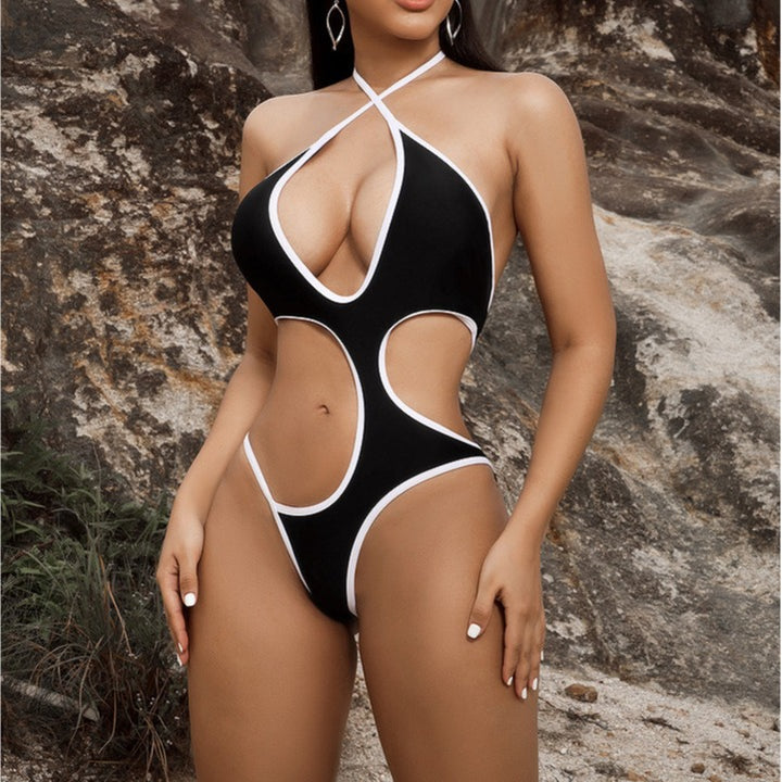 Women's Cut-Out Swimsuit with Deep V-Neck and Crossed Straps Mune Fashion