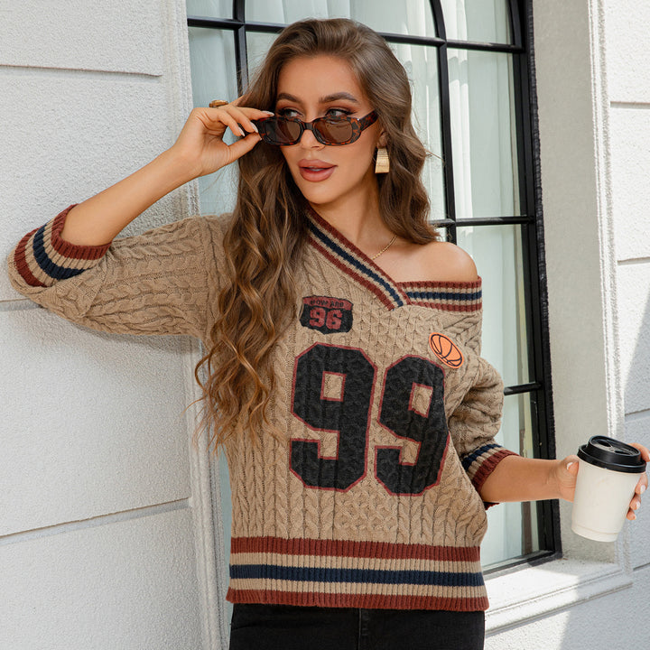 Women Slant Cut Braided Knit Sweater in College Look Mune Fashion