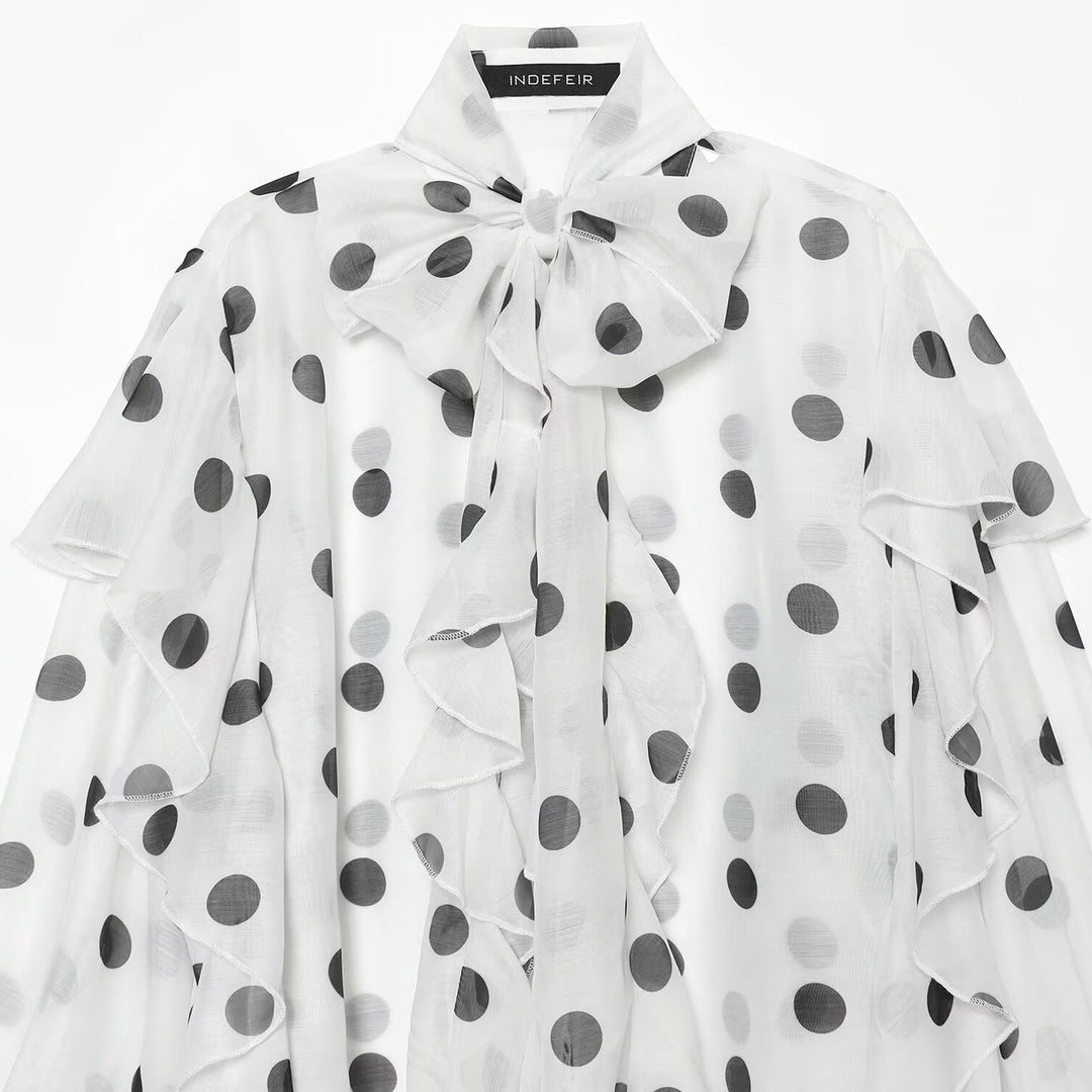 Women Transparent Polka Dot Chiffon Blouse with XXL Ruffles and Bow Collar Mune Fashion