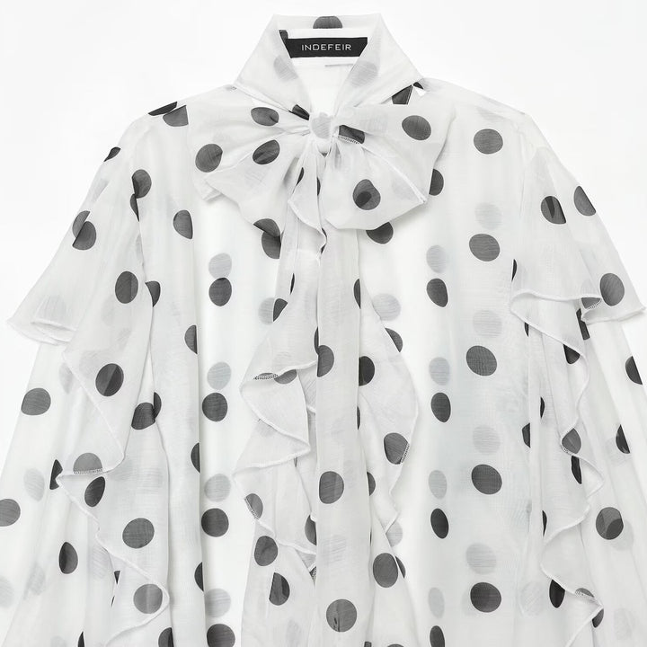 Women Transparent Polka Dot Chiffon Blouse with XXL Ruffles and Bow Collar Mune Fashion