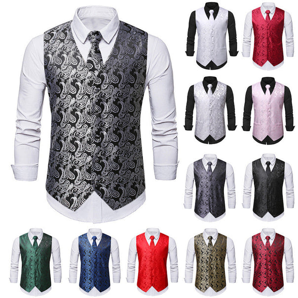Men's elegant waistcoat with fine paisley pattern and matching tie set Mune Fashion