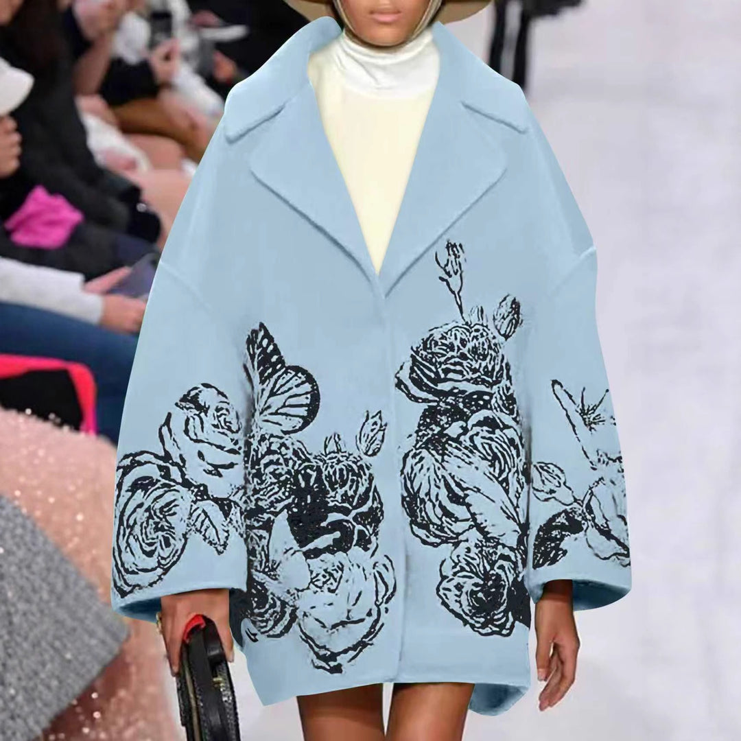 Ladies Oversized Wool Blend Coat with Floral Print and Embroidery Look Mune Fashion