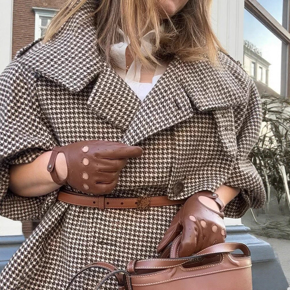 Women Oversize Trench Coat with Houndstooth Pattern, High Stand Collar and Shoulder Epaulettes Mune Fashion