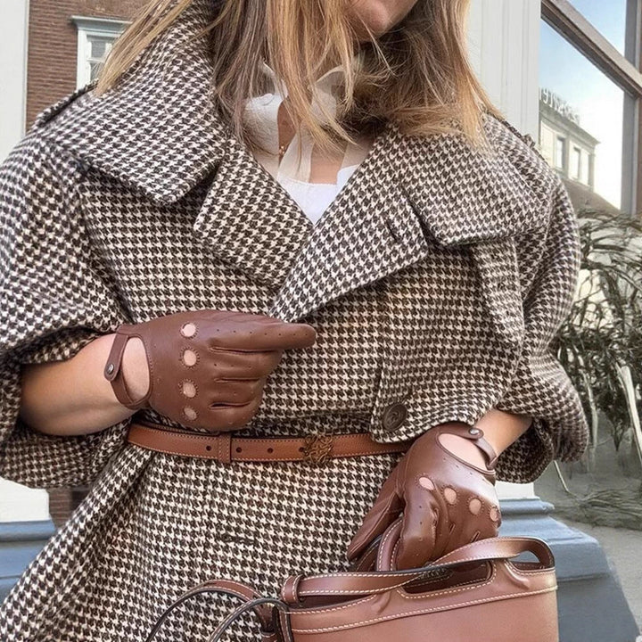 Women Oversize Trench Coat with Houndstooth Pattern, High Stand Collar and Shoulder Epaulettes Mune Fashion