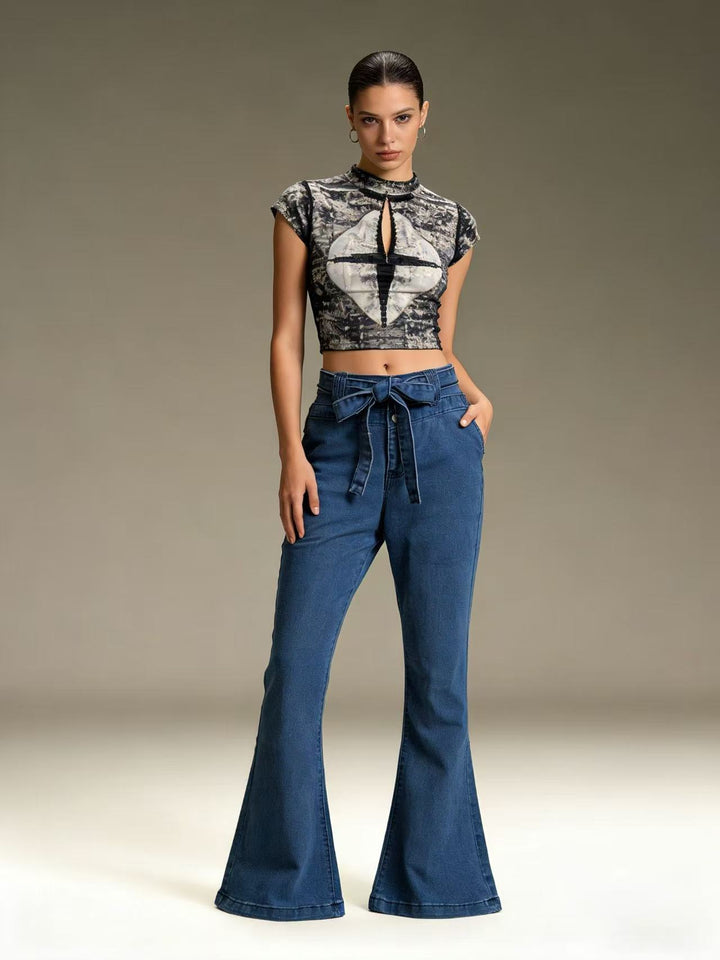 Women's High-Waist Denim Pants with Bow Tie, High Waist and Wide Flare Mune Fashion