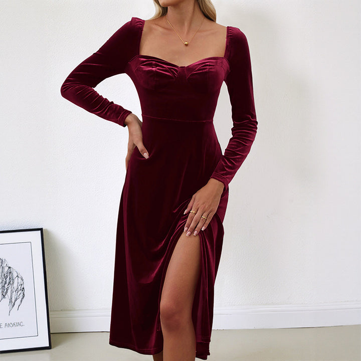 Ladies Elegant Maxi Dress with Deep Neckline and Slit Mune Fashion