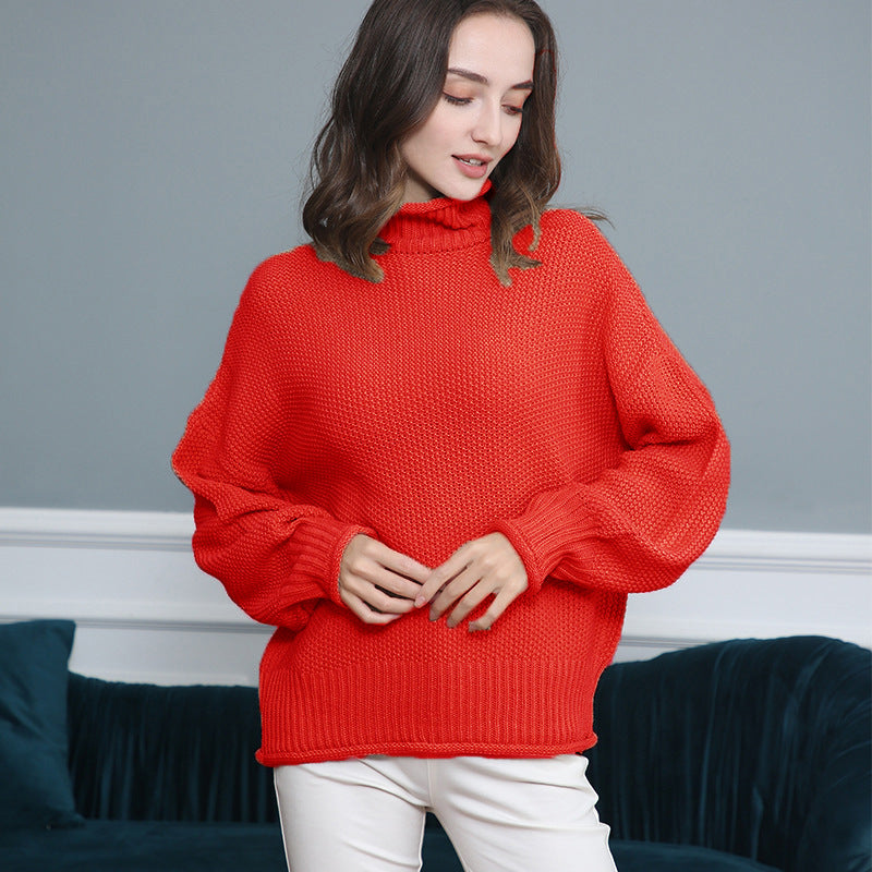 Women's Chunky Knit Turtleneck Sweater with Balloon Sleeves Mune Fashion