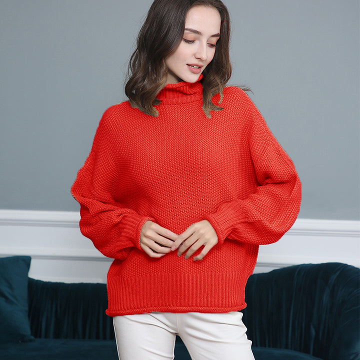 Women's Chunky Knit Turtleneck Sweater with Balloon Sleeves Mune Fashion