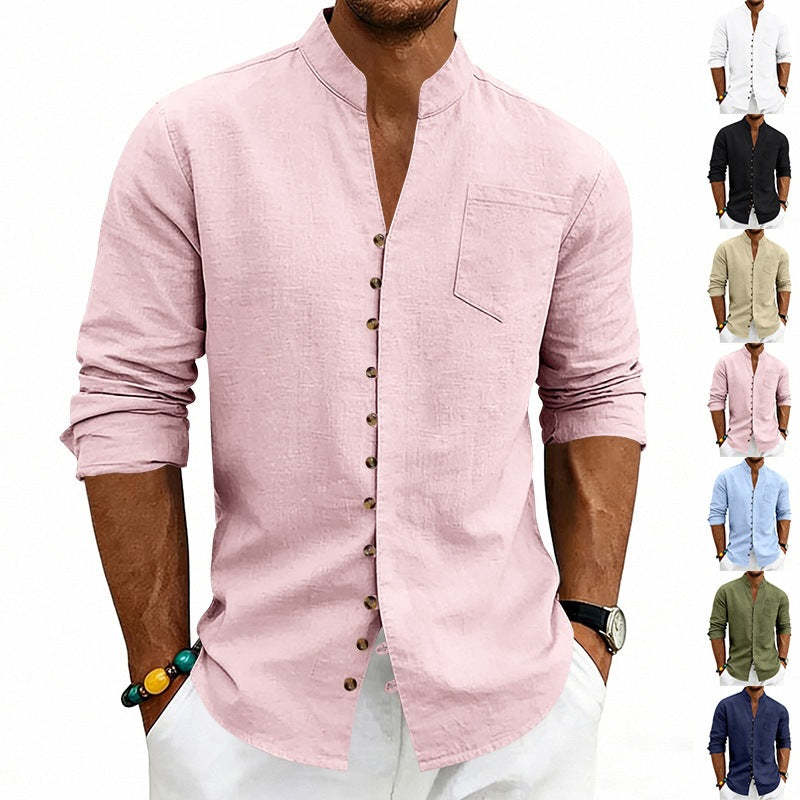 Men's shirt with stand-up collar and asymmetrical button placket made of linen mix Mune Fashion