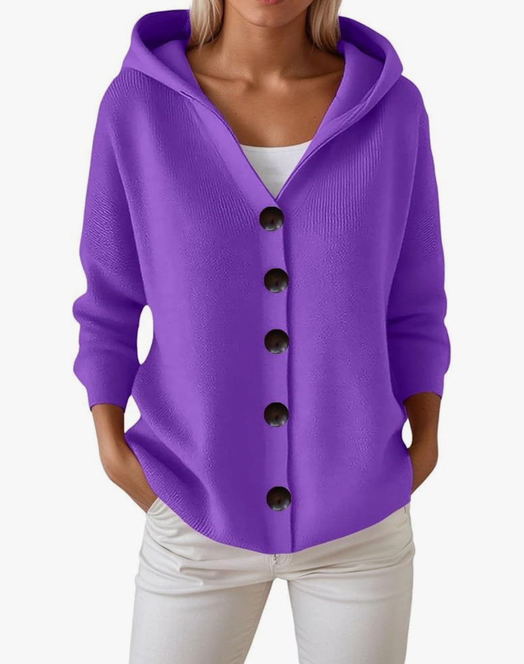 Women's hooded cardigan with large wooden buttons and side pockets Mune Fashion