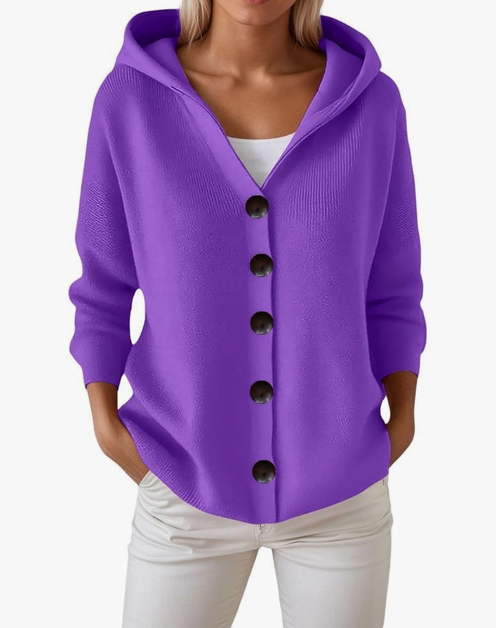 Women's hooded cardigan with large wooden buttons and side pockets Mune Fashion
