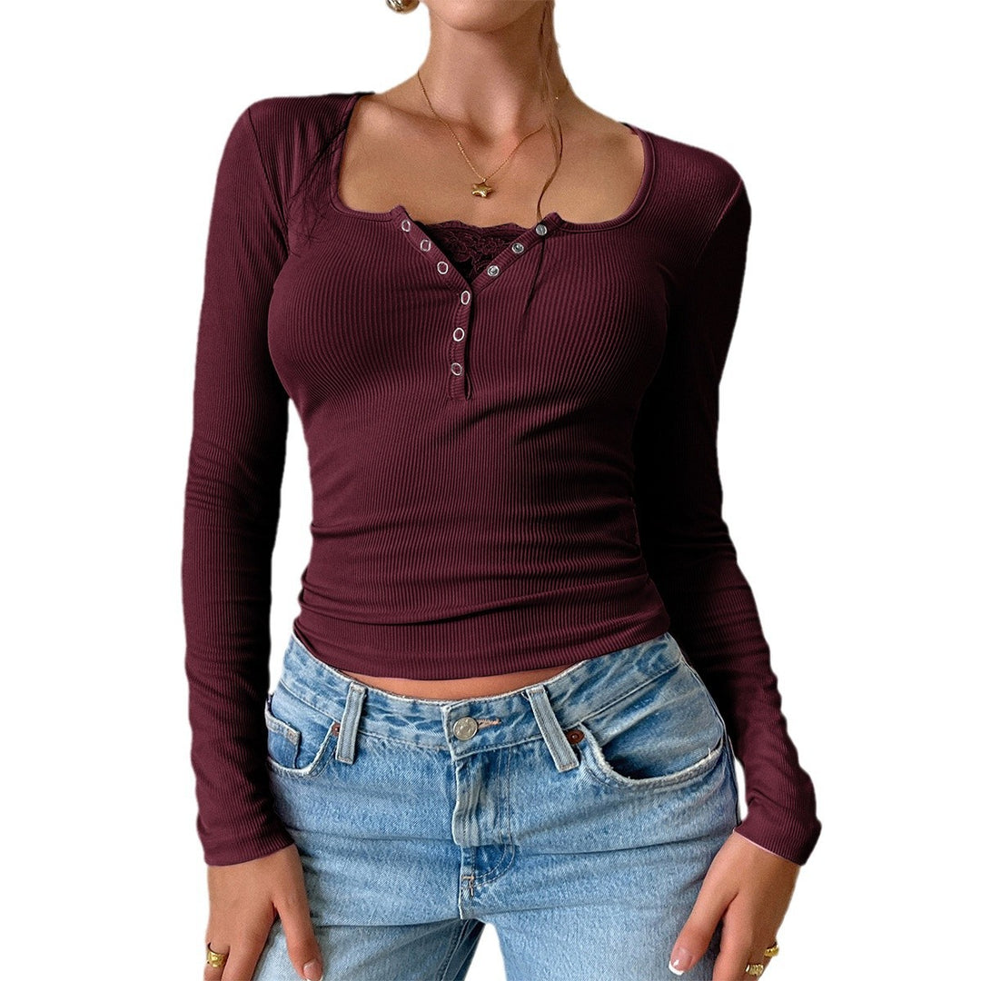 Ladies ribbed Henley long sleeve with lace cami insert and tailored fit Mune Fashion