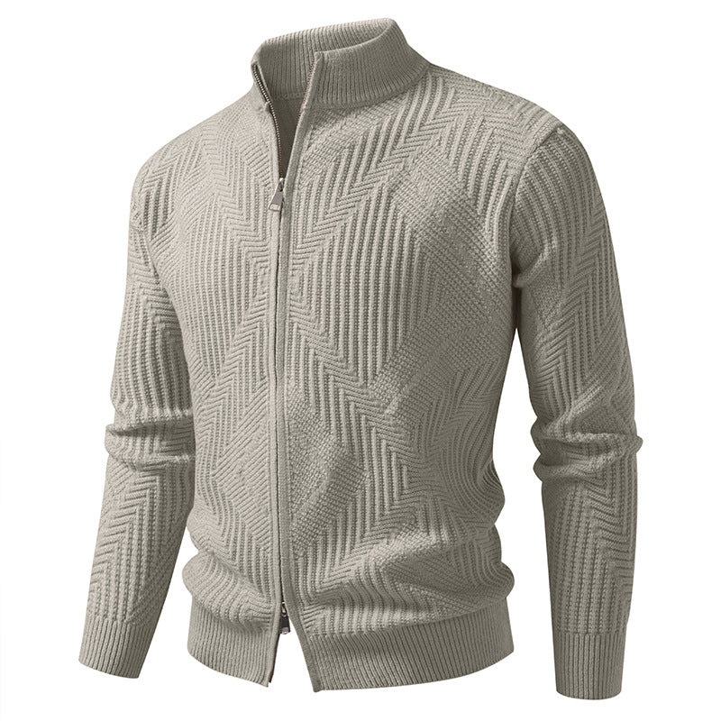 Men's zip cardigan with geometric herringbone knit and stand-up collar Mune Fashion