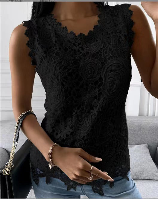 Women's lace top with V-neck, tailored silhouette and romantic wave hem Mune Fashion