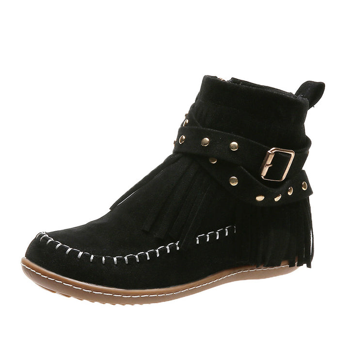Women Moccasin Short Boots with Fringes, Decorative Belt and Hand-Stitched Moccasin Seam Mune Fashion