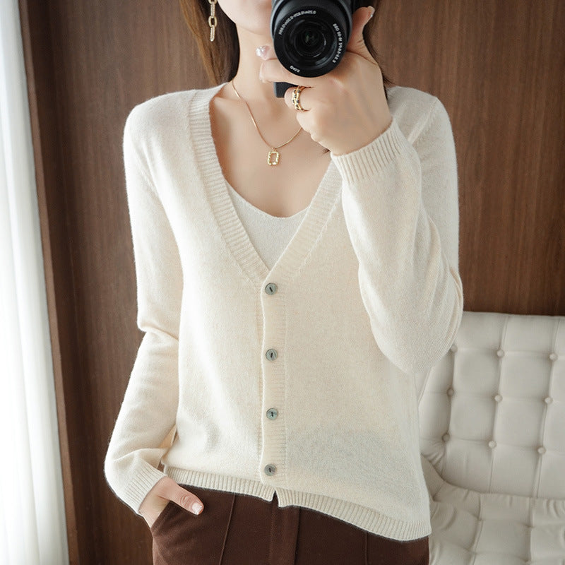 Ladies Light V-Neck Cardigan made of Cashmere Mix with Fine Rib Edge Mune Fashion