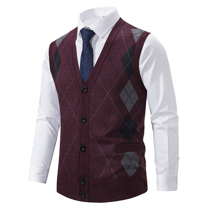 Men's sleeveless knitted vest with argyle pattern, teddy lining, and full button placket Mune Fashion