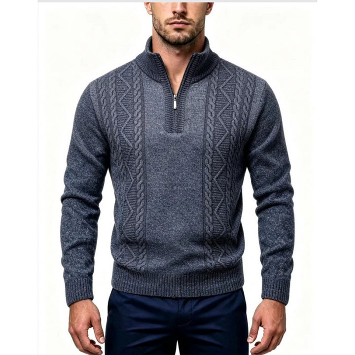 Men's Structured Half-Zip Pullover with Stand-Up Collar and Cable Knit Details Mune Fashion