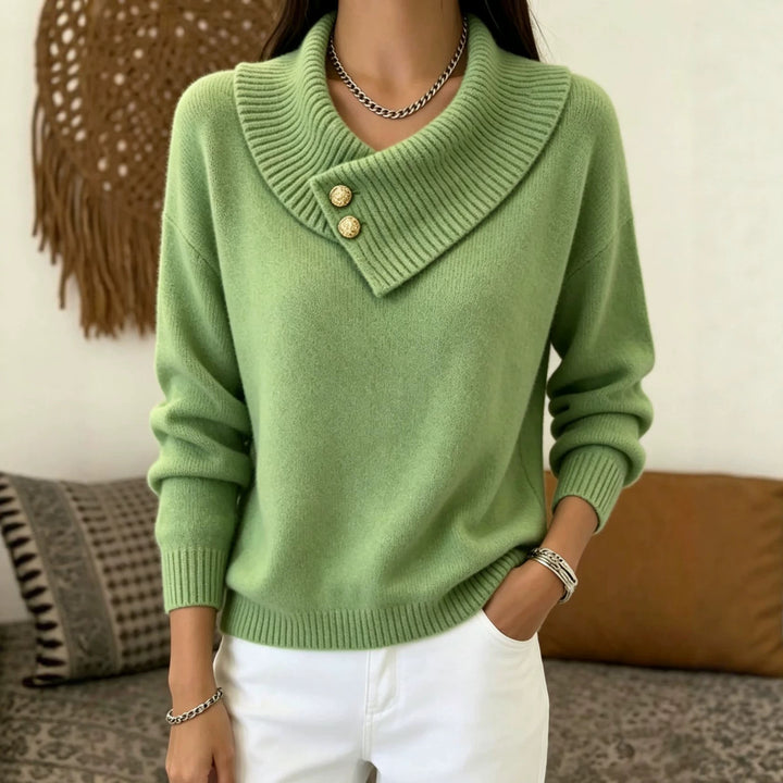 Women's fine knit pullover with overlapping shawl collar and decorative buttons Mune Fashion