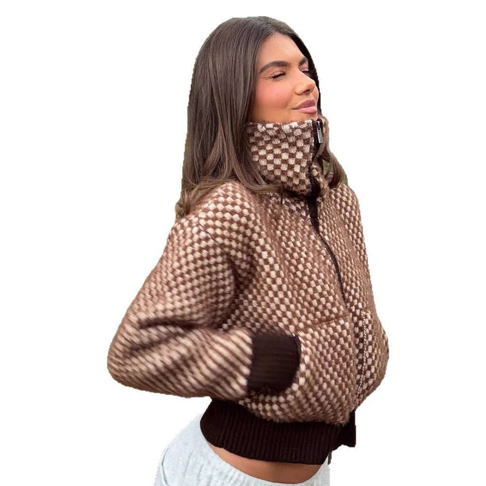 Women's Short-Cut Knit Zip Cardigan with Hood and Textured Pattern Mune Fashion
