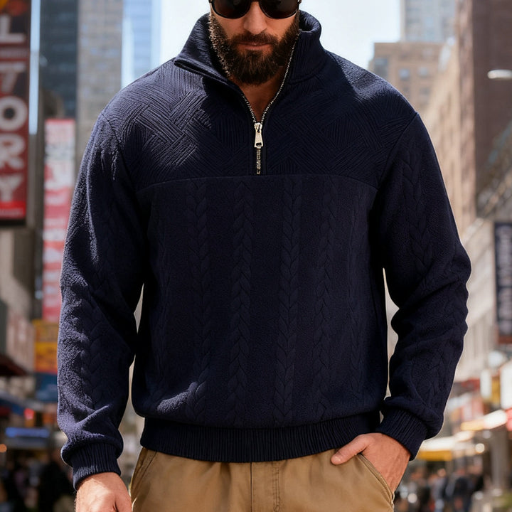 Men's textured half-zip knitted sweater with cable pattern and high stand-up collar Mune Fashion