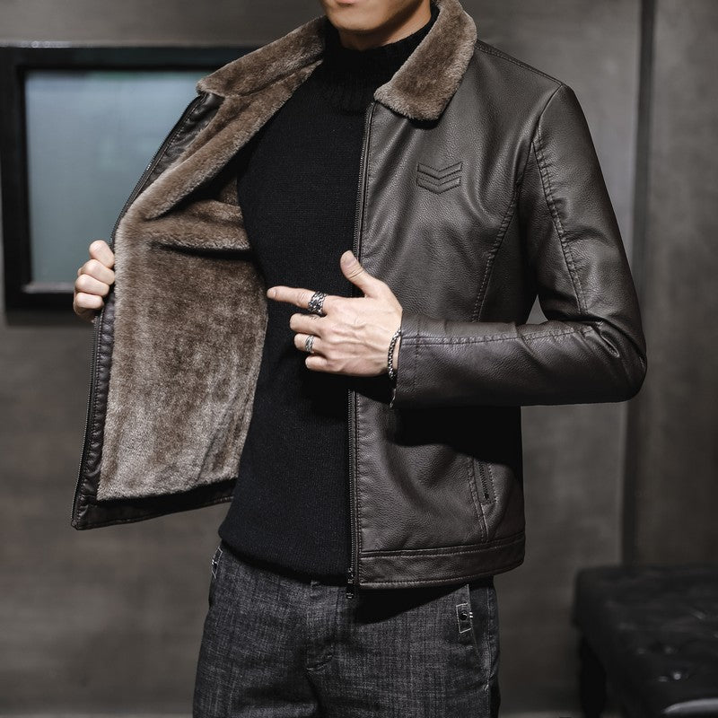 Men's Elegant Leather Jacket with Warm Lining Mune Fashion