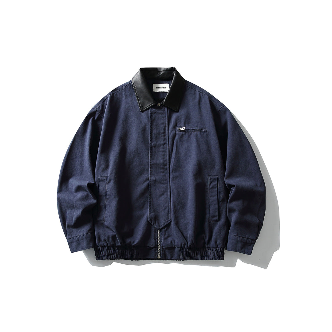 Men's short-cut boxy blouson with contrasting leather collar Mune Fashion