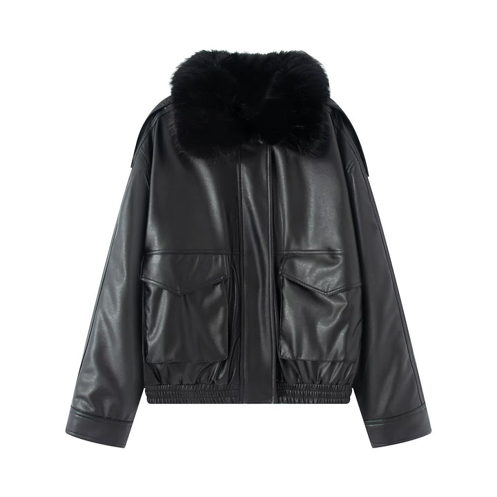 Ladies Oversized Faux Leather Bomber Jacket with Cozy Faux Fur Collar and Applied Flap Pockets Mune Fashion