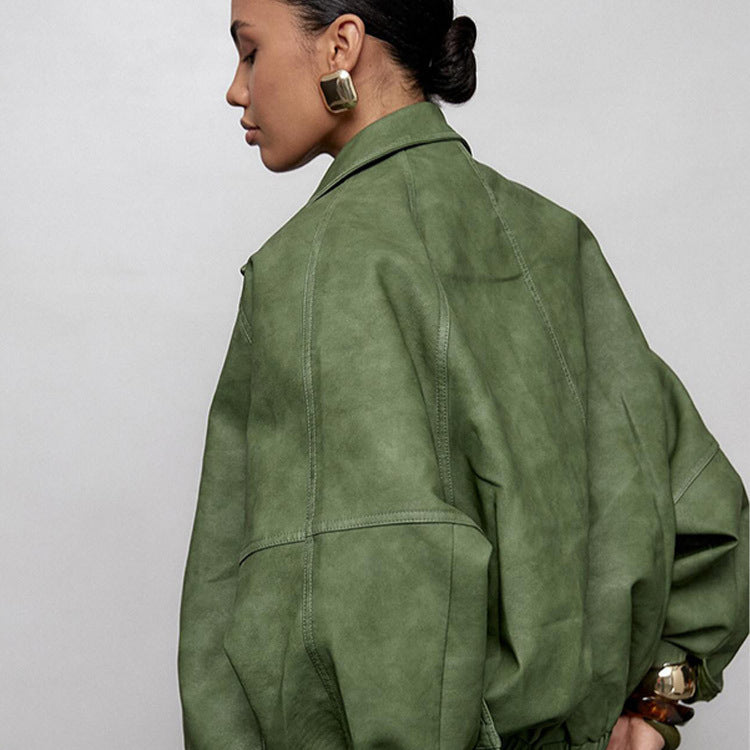 Women's Oversized Faux Leather Jacket in Boxy Cut with Raglan Sleeves and Two-Way Zipper Mune Fashion