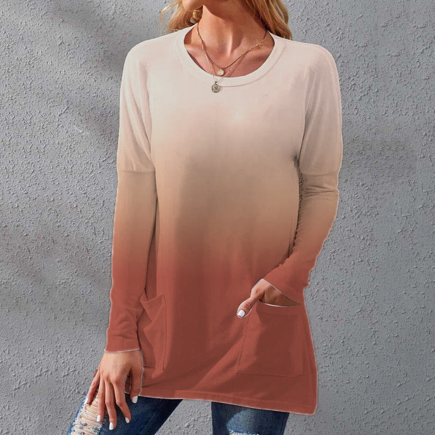 Women's Long Ombre Tunic Shirt with Round Neckline and Insert Pockets Mune Fashion