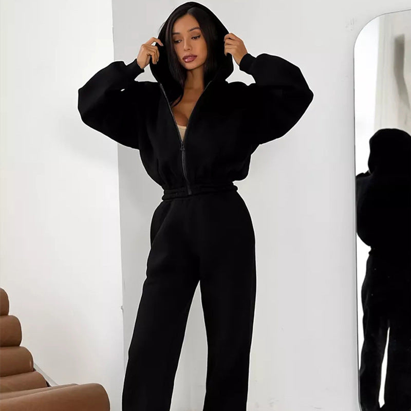 Women's Cropped-Zip-Hoodie with Balloon Sleeves and High-Cut Jogging Pants with Gathered Waistband Mune Fashion