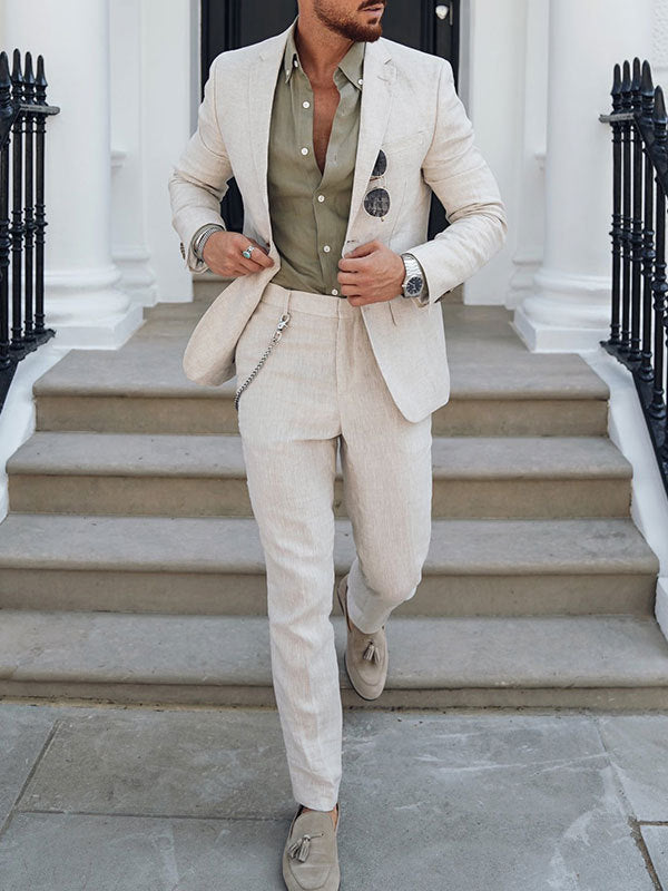Men's tailored linen suit set with single-breasted blazer and slim chino pants Mune Fashion