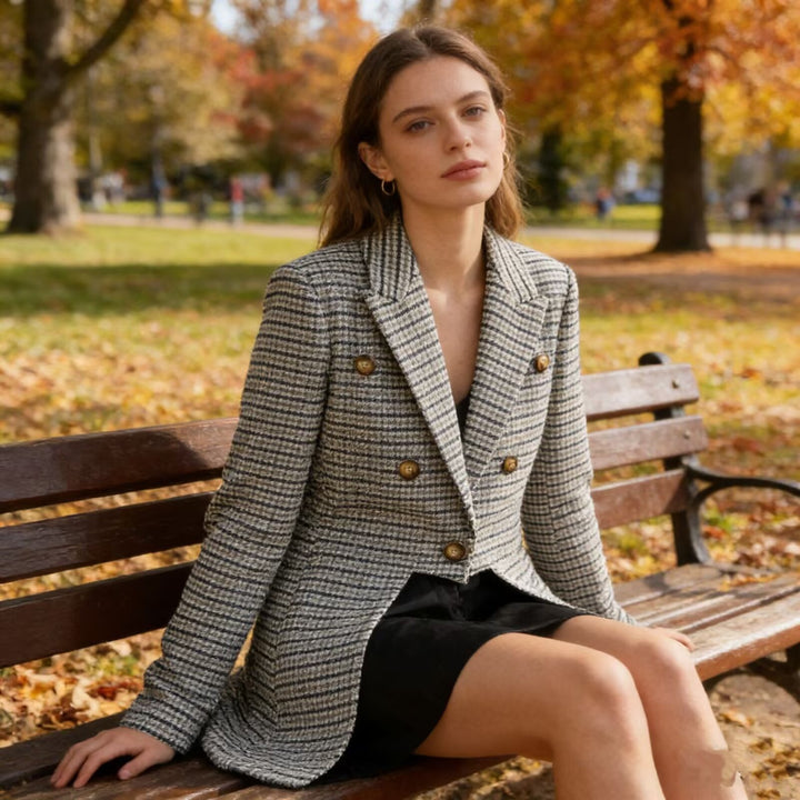 Women's Double-Breasted Cropped Blazer in Glencheck with Back Slit Mune Fashion