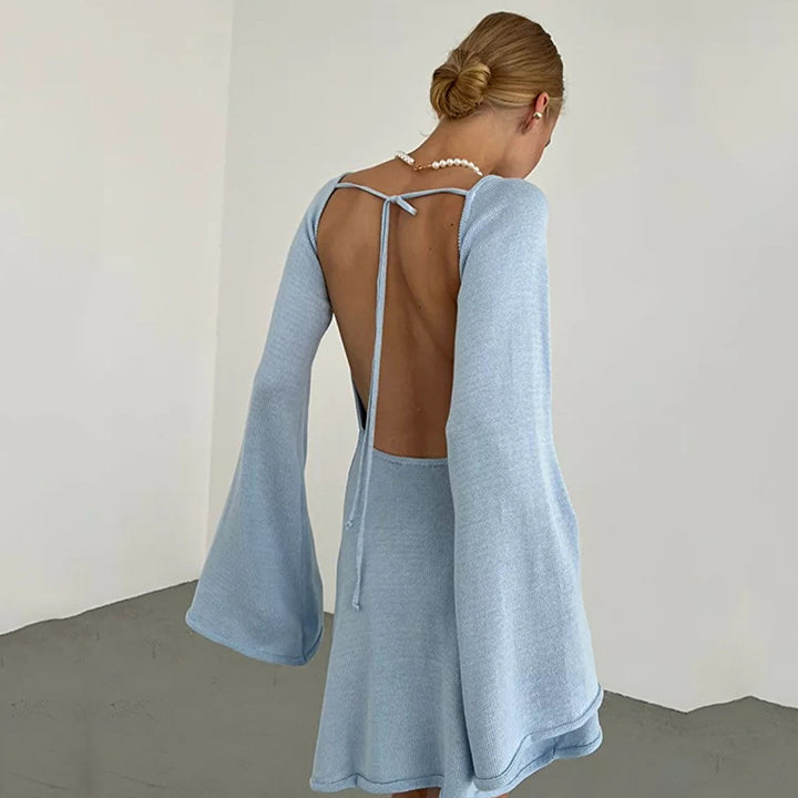 Ladies Figure-Hugging Fine Knit Mini Dress with Flared Trumpet Sleeves Mune Fashion