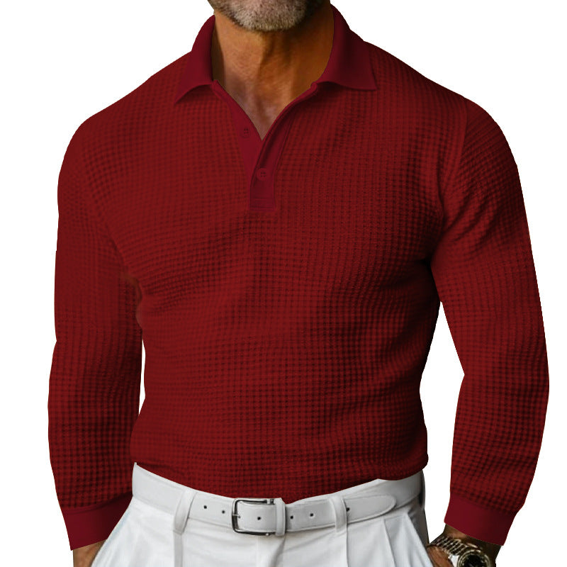 Men's Waffle Structure Polo Shirt with Long Sleeves, Slim Fit and Kent Collar Mune Fashion