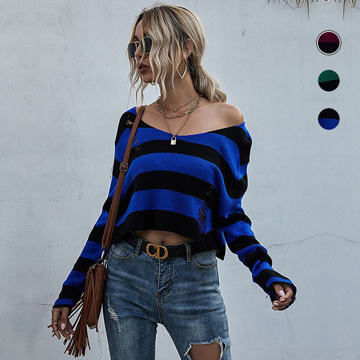 Women Casual Crop Sweater with Stripes and Destroyed Details Mune Fashion