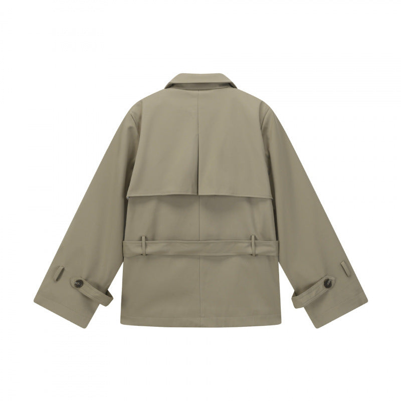 Unisex Short Double Blouson Trench Coat with Waist Belt and Boxy Silhouette Mune Fashion