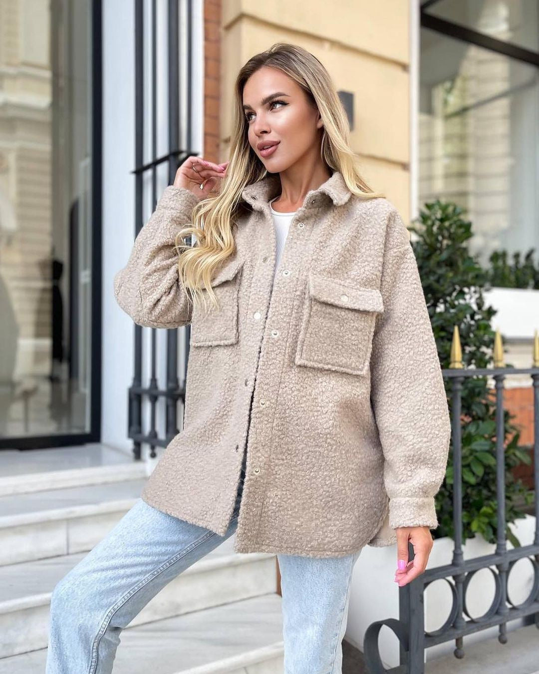 Women's Oversized Teddy Transitional Jacket with Chest Pockets and Snap Buttons Mune Fashion