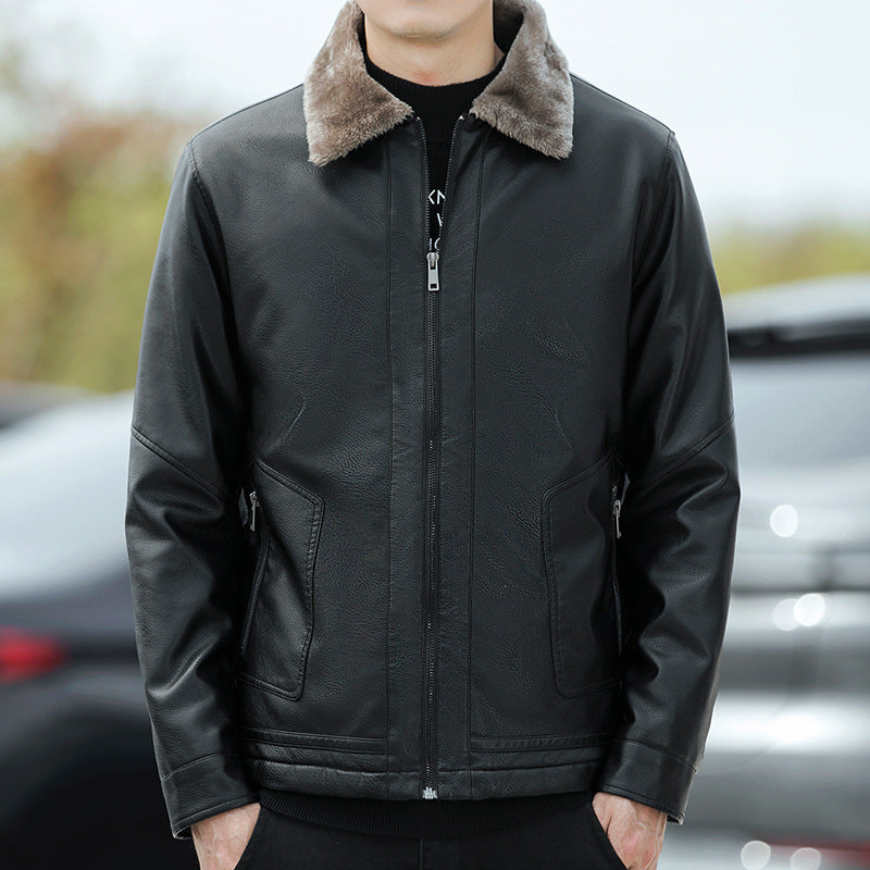 Men's Faux Leather Pilot Jacket with Teddy Collar and Zipper Mune Fashion